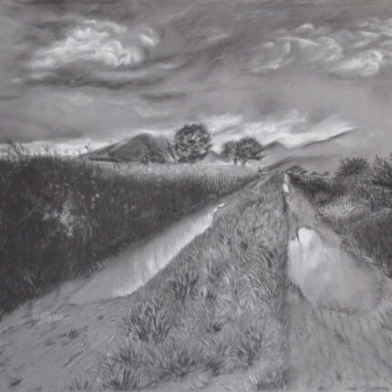 Country road after the rain, charcoal and white chalk on gray paper, 50x35 cm