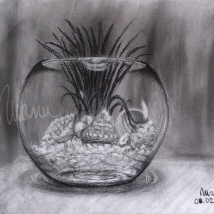 Still life with a decorative glass bowl filled with white pebbles, shells and plants. Charcoal on paper, 32x24 cm