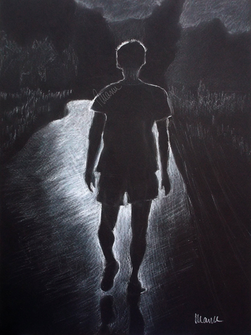 Man in contre-jour, a man in silhouette walking toward the light. White chalk on black paper, 24x32 cm