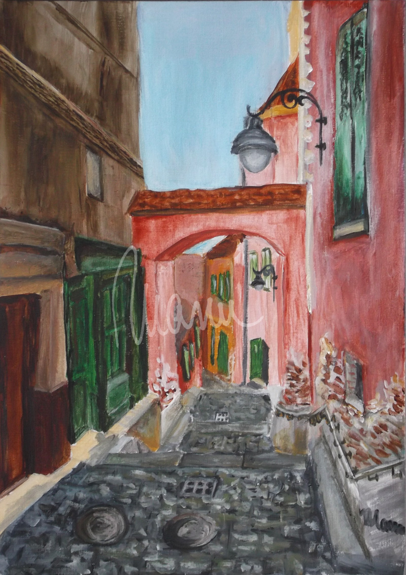 The Goldsmiths Passageway (Pasajul Aurarilor), one of the medieval passageways in Sibiu, Romania. Acrylics on canvas paper, size A4