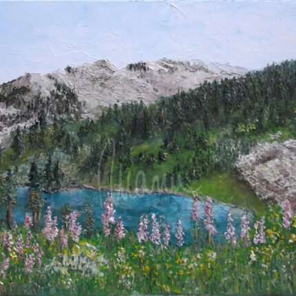 Seasons: Spring. A clear alpine lake with mountains in the distance, woods, rocks and lush vegetation. Oils on stretched canvas, palette knife painting, 60×50 cm.