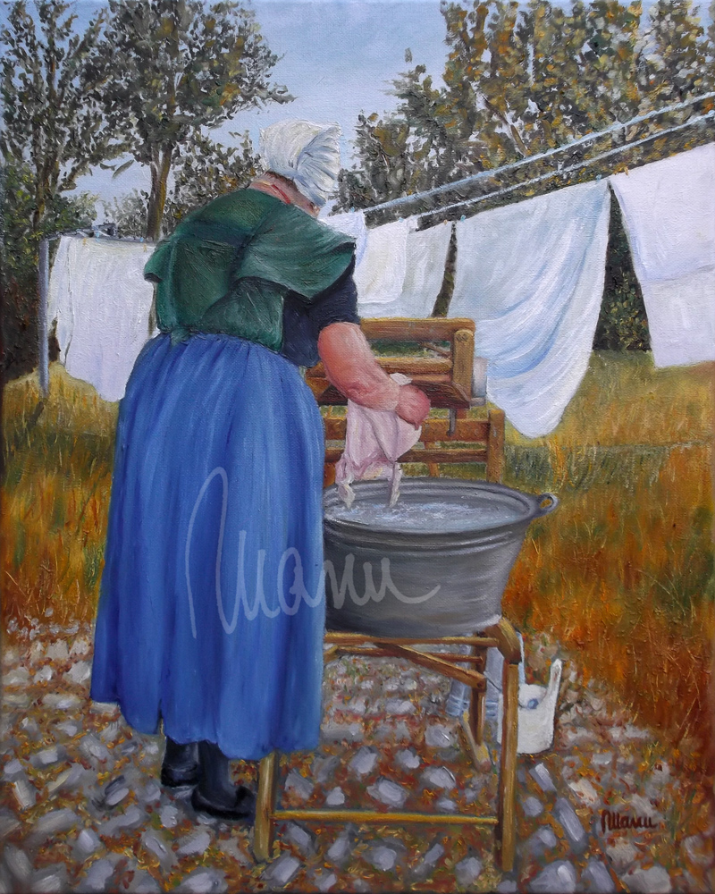 A vintage Dutch washerwoman. Oils on stretched canvas, 40x50 cm. Every day scenes by Manu Fine Art