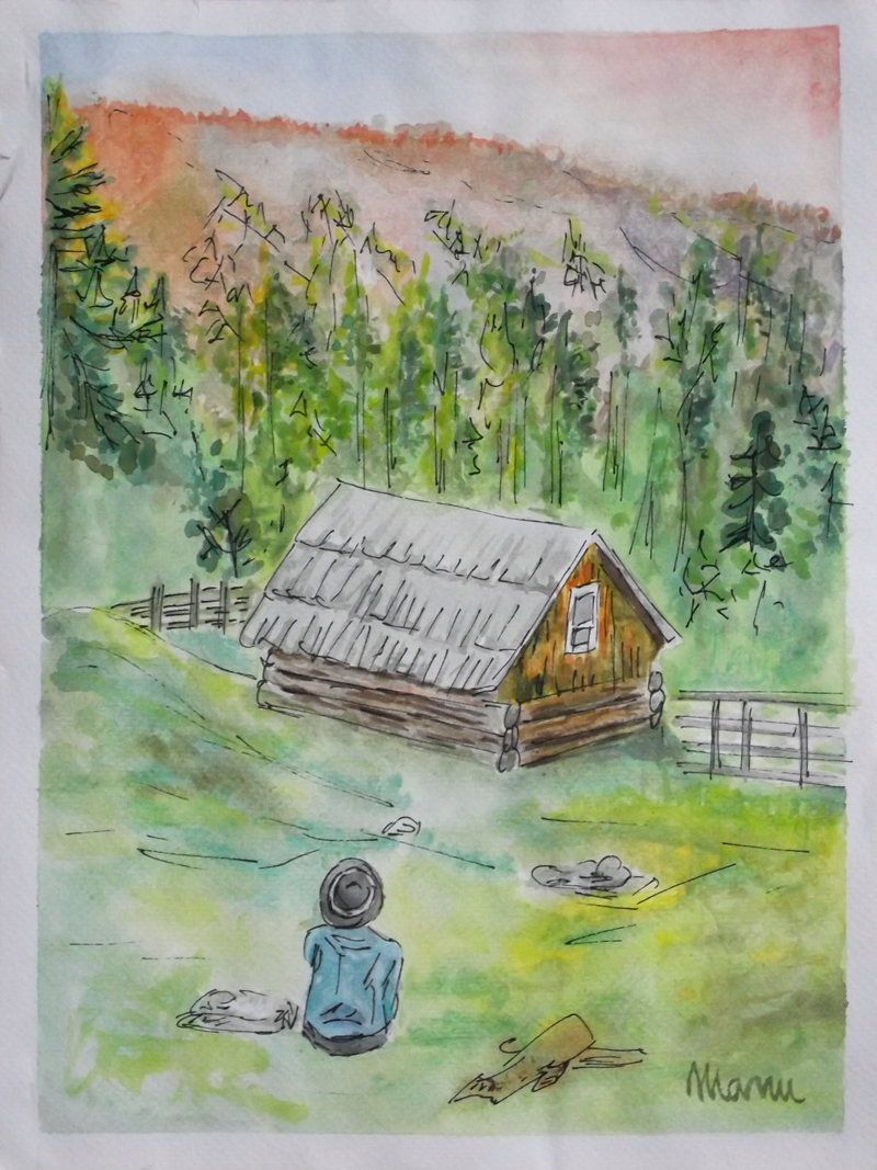 An ink & watercolor painting speaking about hope, about living under brighter horizons. A man sits on the grass, near a logs cabin on a hill slope and gazes in the distance, at the sun rising over the mountains.
