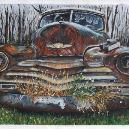 Sic transit gloria mundi... An old Chevrolet abandoned in a meadow, all rusty, windows broken, still with a lot of charm and character. Acrylics on canvas, size A3