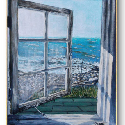 Beach view through a cottage window, with an interesting contrast between sunlight and shadows. Courtesy Barbara Stroud. A framed presentation of this acrylics on canvas, 24x32 cm